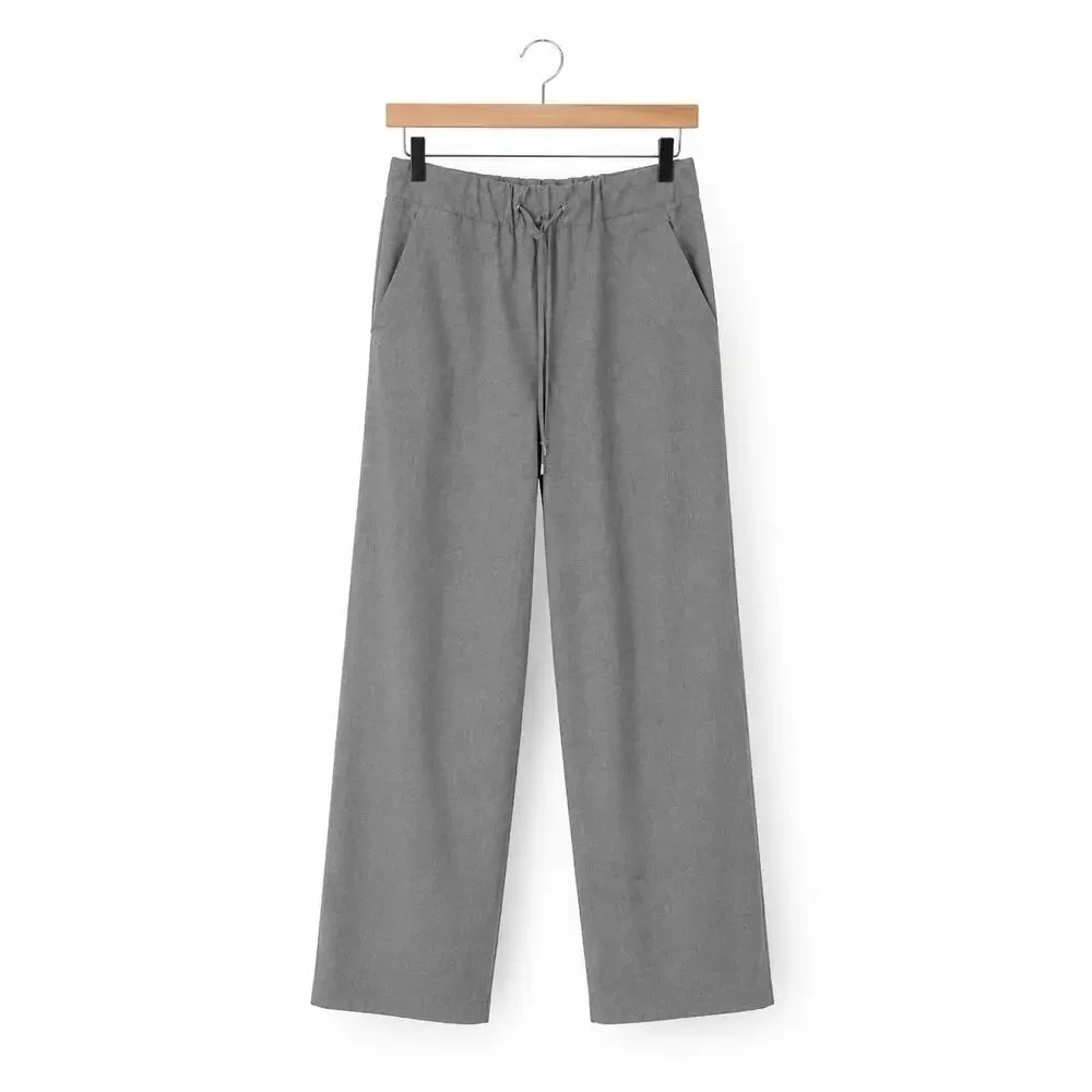 Zara Gray Linen Blend Drawstring Pants Size Medium Relaxed Casual